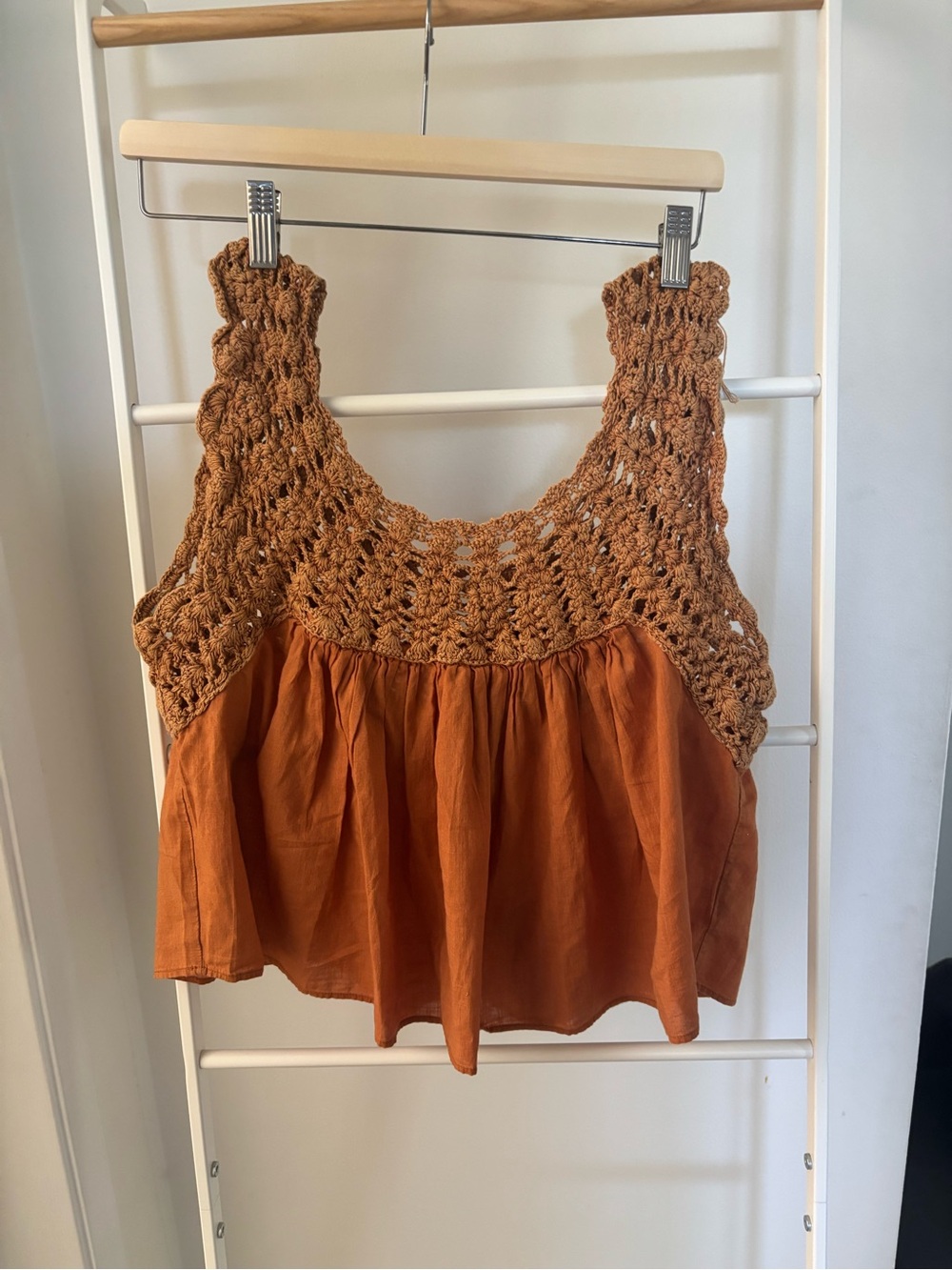 THE GREAT. Crochet Yoke Camisole in Rust and Tan